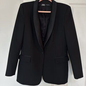 Zara Women's XL Black Satin Effect Lapel Tuxedo Jacket